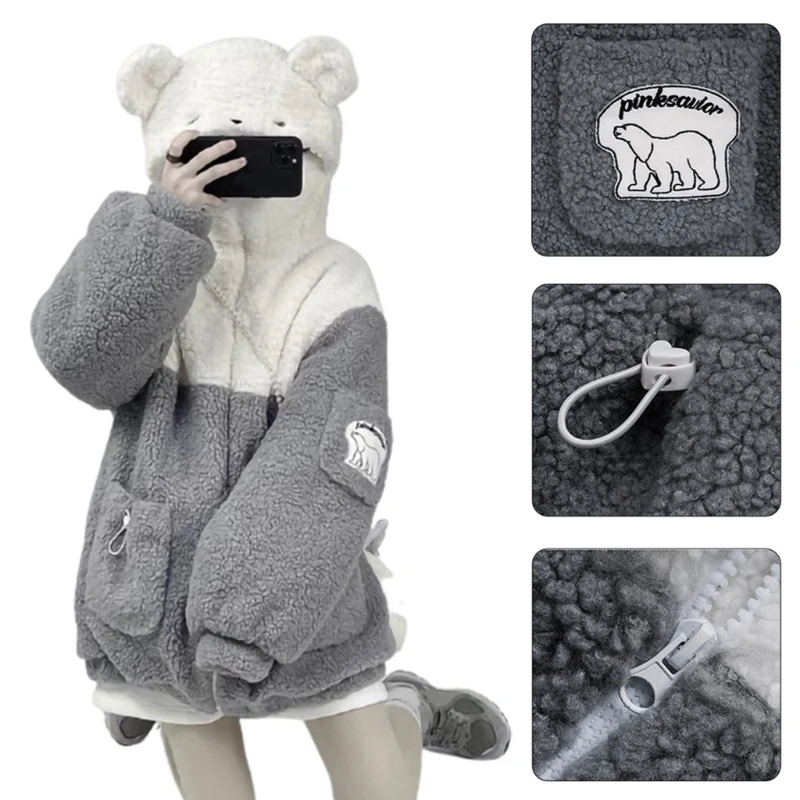 Women Faux Fur Hoodies for Jacket Bear Ears Up Colorblock Sweatshirt Co Dropship
