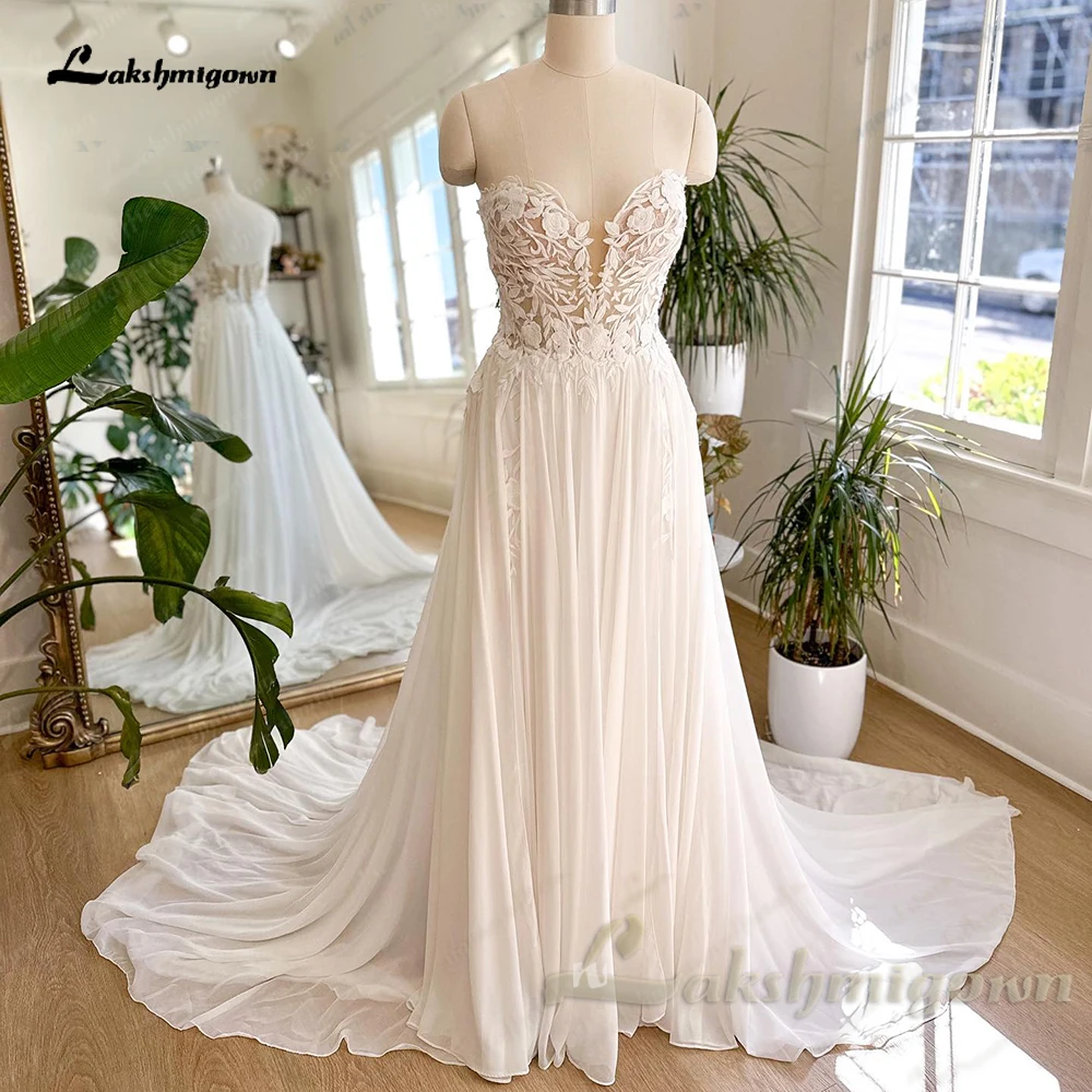 

Lakshmigown Women Chiffon Beach Wedding Dresses Elegant Bridal Boho Wedding Gowns Sweetheart Neck Lace Applqiues Bridal Gowns