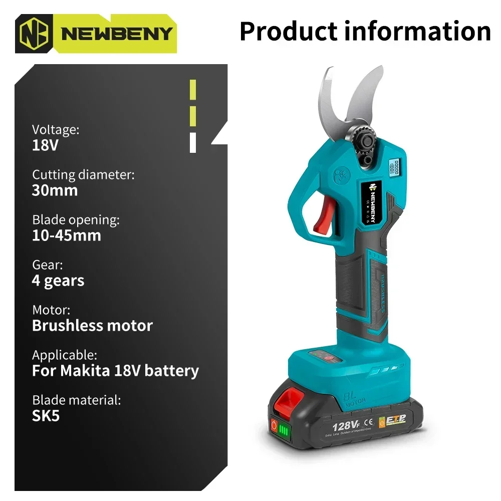 NEWBENY 30mm Brushless Electric Pruning Shears 4 Gear Cordless Garden Fruit Tree Bonsai Beautify Tool For Makita 18V-21V Battery 2