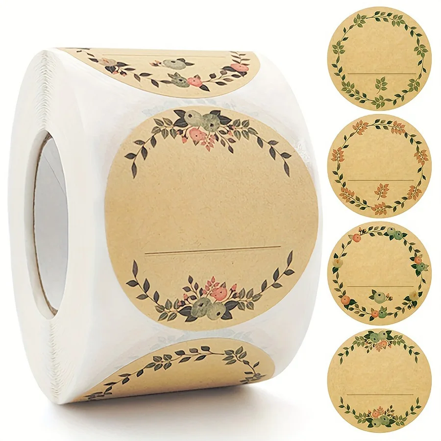 500pcs Per Roll 2in/5cm Kraft Paper Stickers, Round Wreath Pattern Stickers, Can Labels, Food Storage Labels, Gift Bag Sealing S