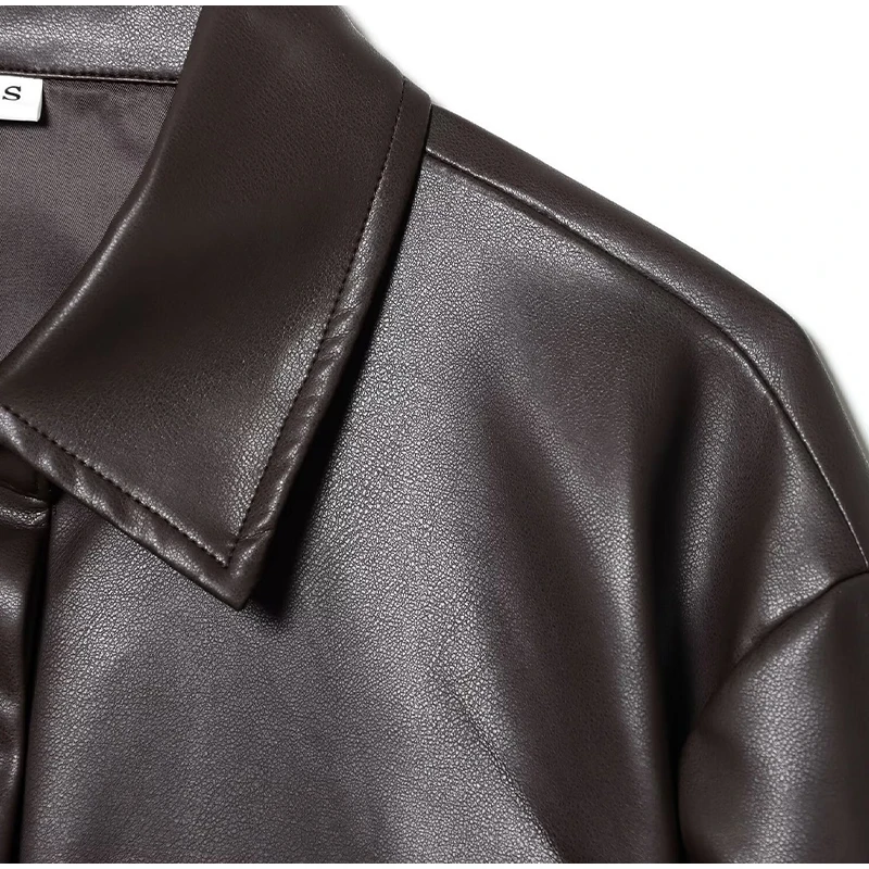Braune PU-Leder-Hemdjacke für Damen, Reverskragen, Gürtel, Taille, Utility-Taschen, einreihiger Mantel, 2023, Herbst, weiblich, schicke Kleidung – Detail 5