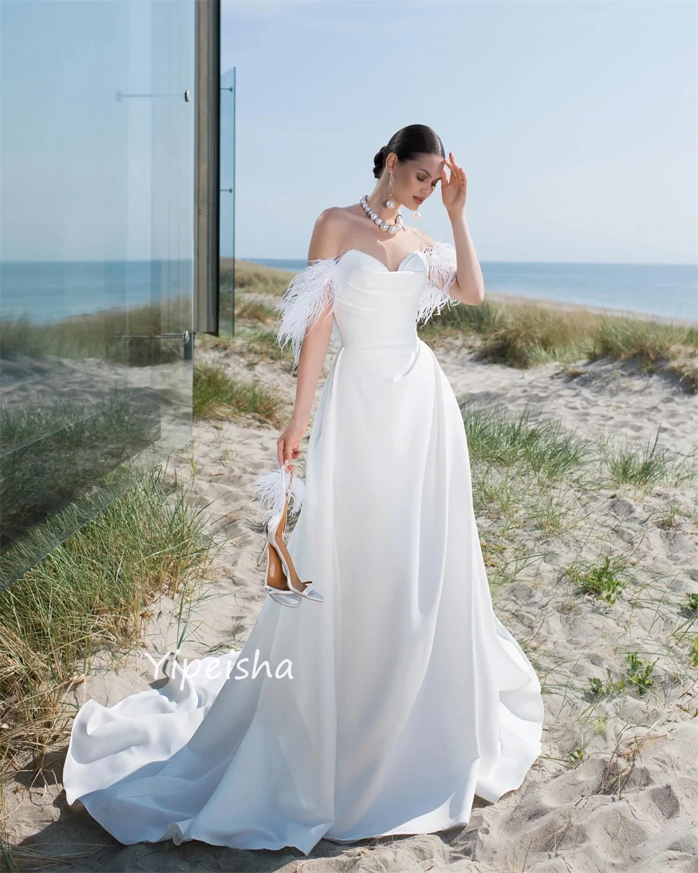 Yipeisha Exquisite High Quality Off-the-shoulder Ball gown Feathers Draped Floor length Charmeuse Evening Dresses