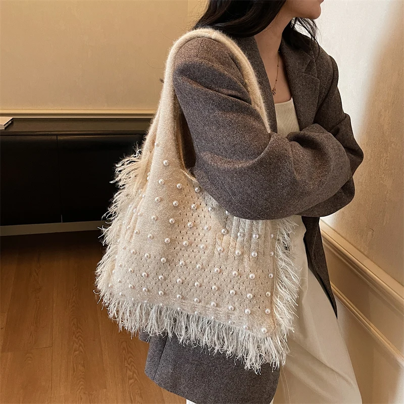 Women Knitted Fabric Boho Crochet Beach Bag with Imitation Pearl Hobo Handbag Crochet Underarm Bag for Daily Use