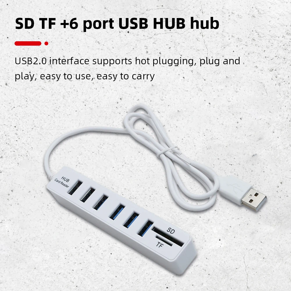 USB 6 Port Extension Hub High Speed Transmission Memory TF Docking Station Plug and Play USB 2.0 for Laptop Computer PC