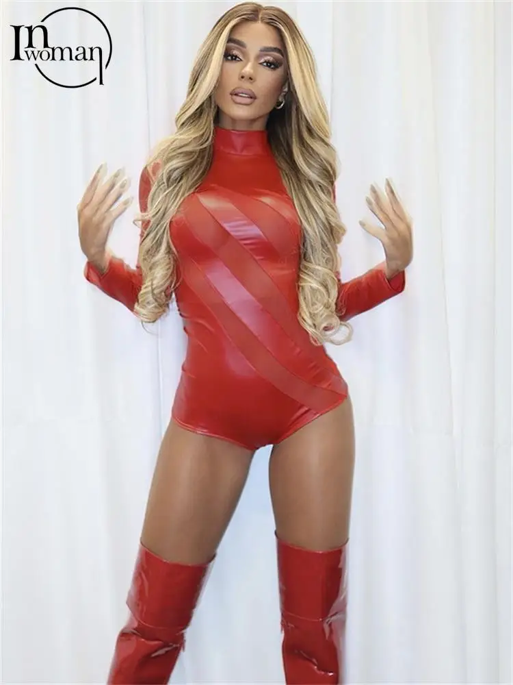 

Inwoman Fall Red Fashion Bodycon Rompers Streetwear Y2k Clothing For Women 2023 High Waist Patchwork See Through Causal Rompers