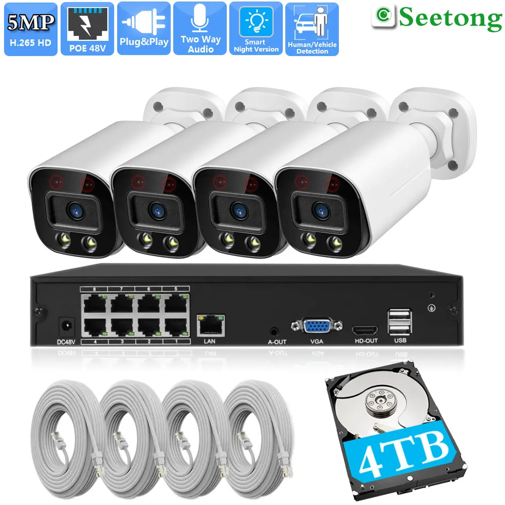 

4CH 5MP Bullet Security IP Camera Poe System 4K 8CH POE NVR Video Surveillance Kit PoE NVR Set Two Way Audio Color Night Vision