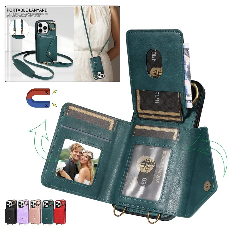 

Ring Crossbody Lanyard Leather Wallet Card Phone Case For iPhone 15 Pro Max 14 Plus 13 12 11 XS XR X SE 2022 8 7 Flip Cover Etui