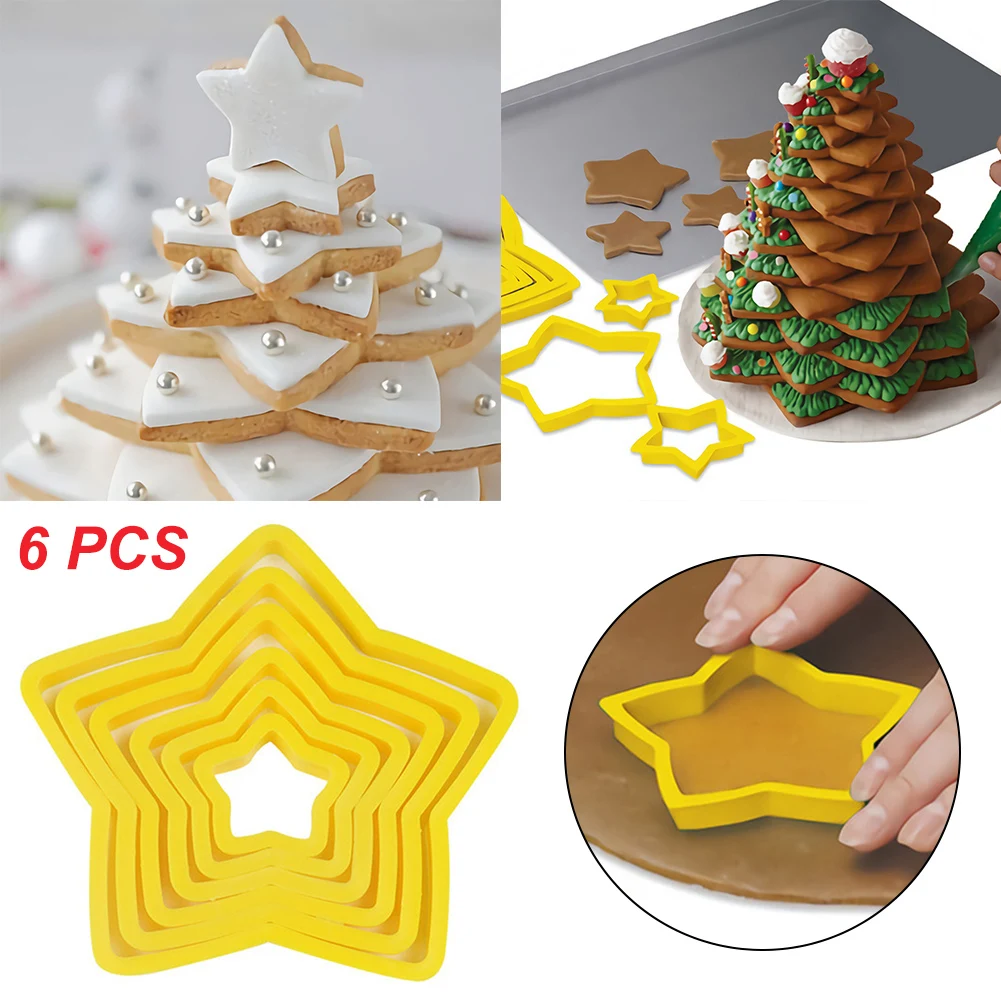 6pcs/Set Christmas Tree Cookie Cutter Cookie Cutter Baking Mold Cookie Mould Cookie Maker Press Kit Xmas Plastic DIY 3D New Year Biscuits Gingerbread Mould Maker Stamp Baking Tool