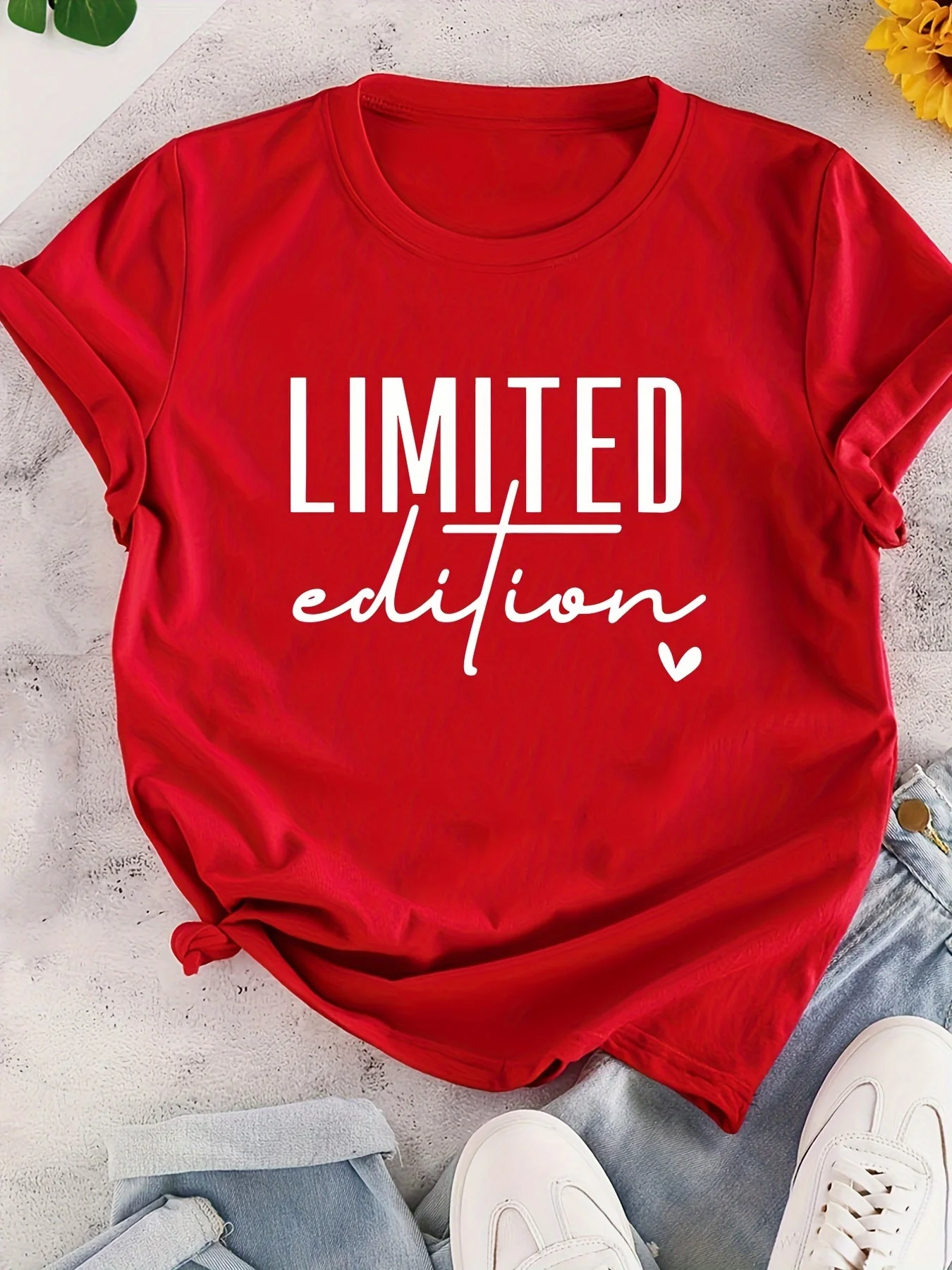 

Plus Size Casual T-shirt, Women's Plus Heart & Letter Print Short Sleeve Round Neck Slight Stretch Top