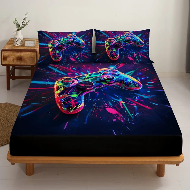 3PC Colorful Spark Game Console Bed Sheet, 1 fitted Sheet+2 Pillowcases, Digital Printing Technology, Available for All Seasons 4
