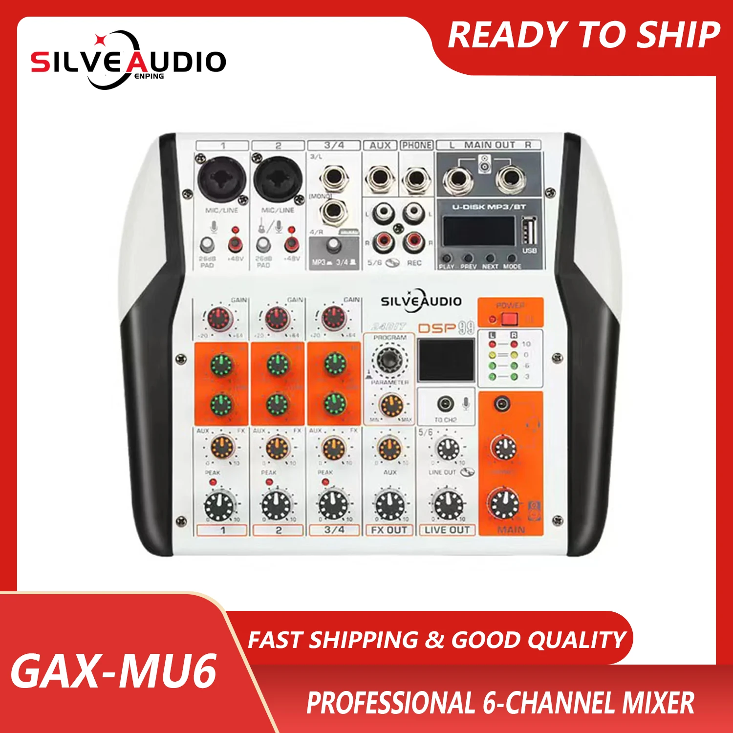 GAX-MU4 미니어처 오디오 믹서는 듀얼 밴드 이퀄라이저가 내장되어 있으며, LED 디지털 신호 프로세서와 에코 효과를 지원합니다.