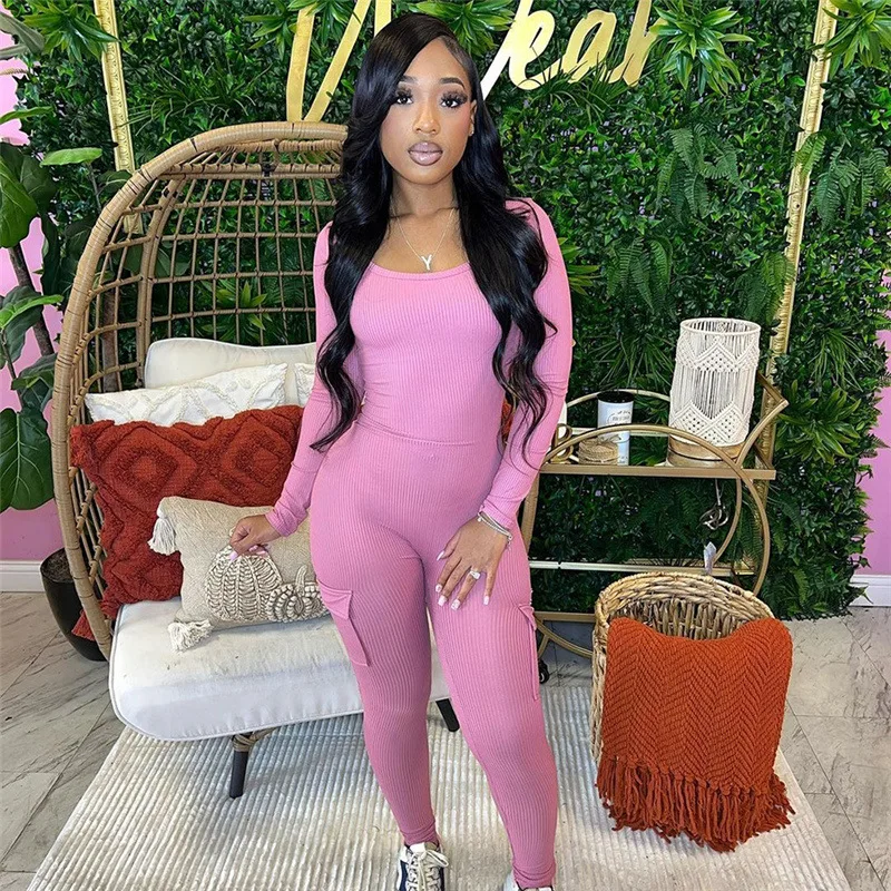 Ribbed Knitted Sporty Skinny Jumpsuits Women Autumn Solid U Neck Long Sleeve High Waist Pockets Casual Rompers Jogger Streetwear