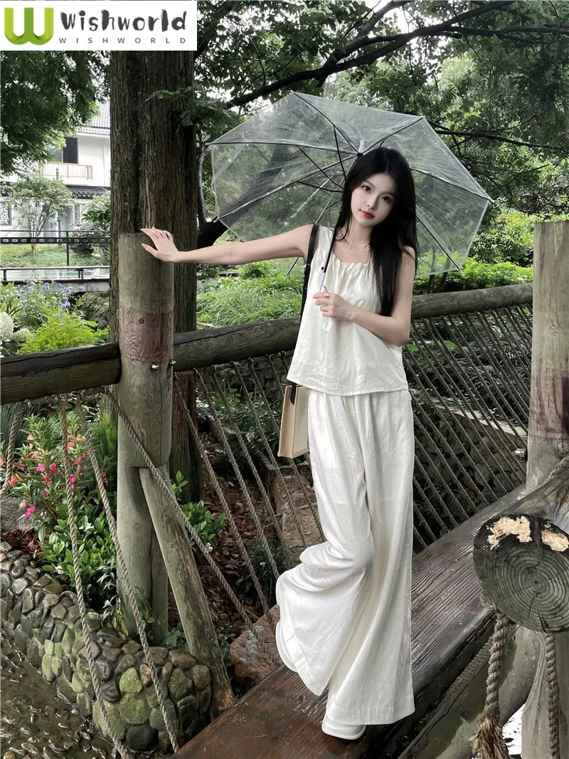 Fashion Set Women's Sleeveless Suspender Top 2024 Summer Korean Straight Leg Wide Leg Pants Temperament Two-piece Set Fashion