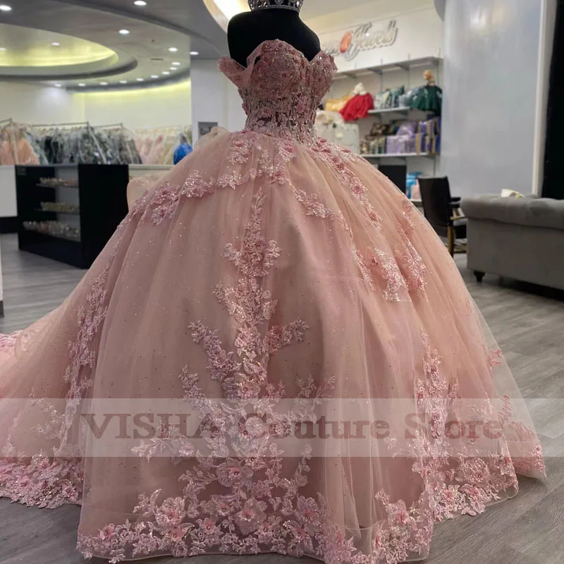 

Pink Off Shoulder Quinceanera Dress Ball Gown Dress Appliqué Lace Beading Sweetheart Sweet 16 Vestidos De Fiesta