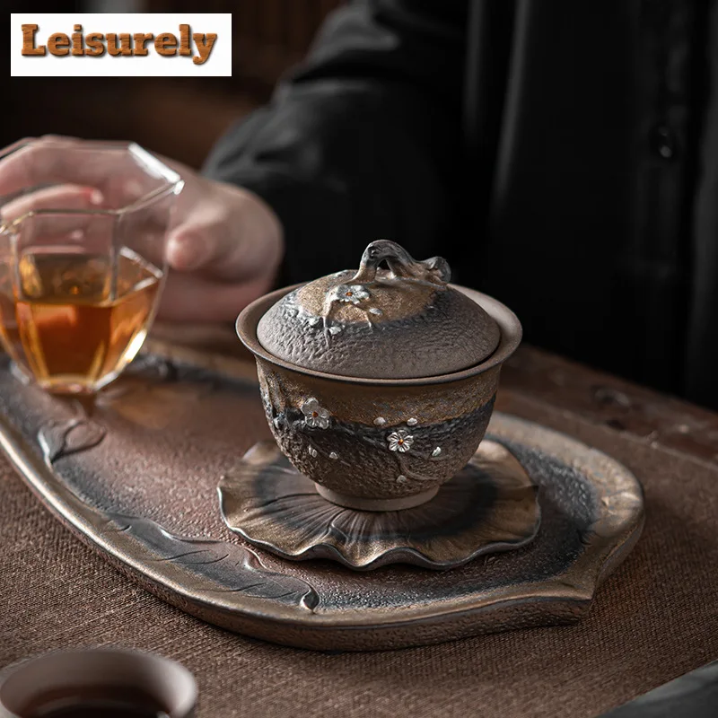 200ml Japanese Gilded Iron Glazed Gaiwan Handamde Plum Blossom Pottery Tea Tureen Tea Maker Cover Bowl Chinese Tea Set Craft