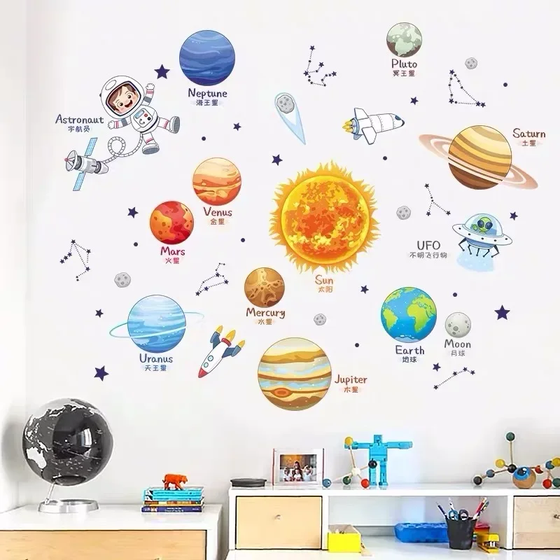 Wall stickers Cartoon Solar System Cosmic Planet Sun Earth Moon Wall Stickers for Kids Room Bedroom Reading Room Wall Decals School Nursery