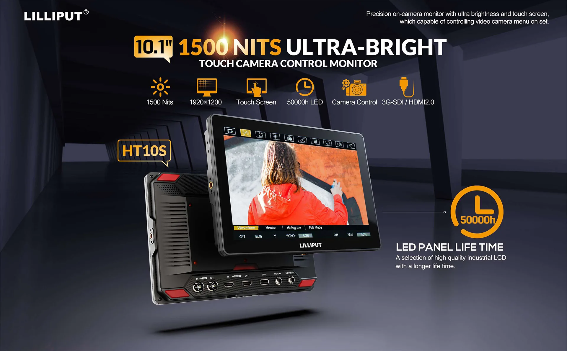 HT10S 10.1 inch 1920×1200 1500nits 3G-SDI Touch Camera Control Monitor for outdo