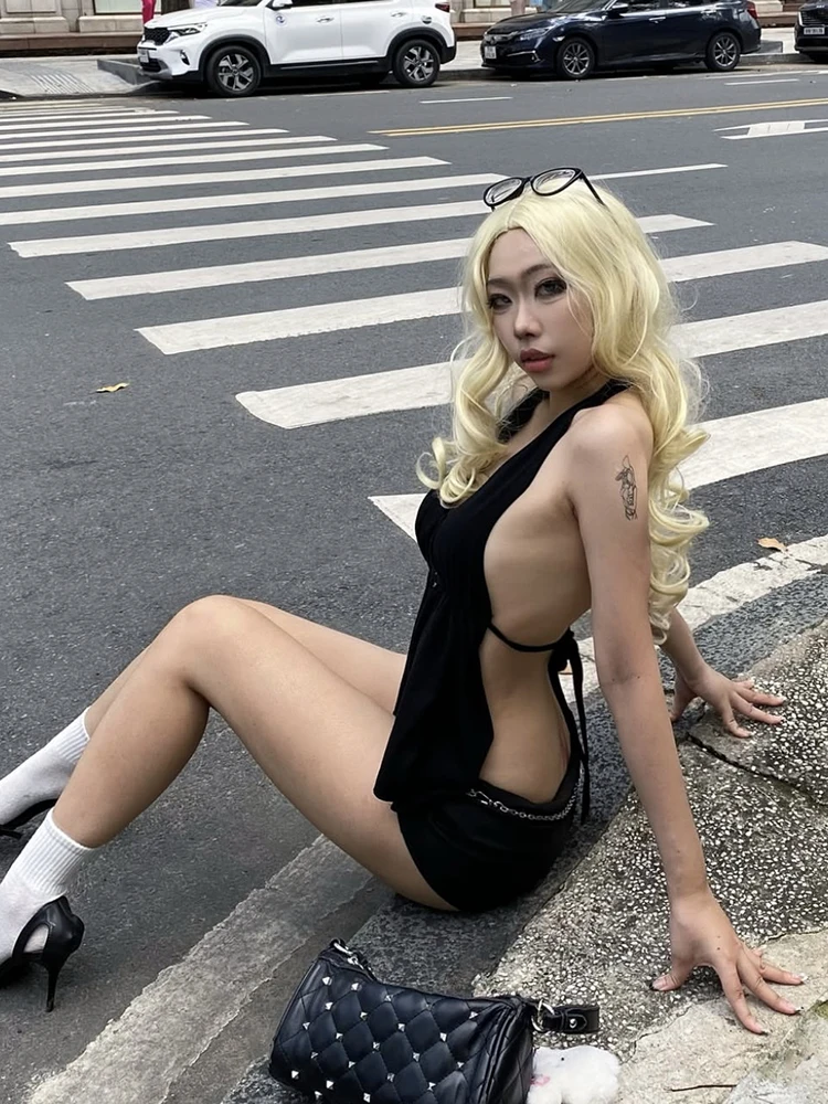 Nibber Irregular Hem Women v-Neck Simple Sleeveless Wild Street Backless Metal Trim Frenulum Halter Sexy Fashion Hottie Vest