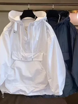 American Functional Style Hooded Jacket Men's Windproof Waterproof Spring Autumn Workwear Coat Half Zipper Sweatshirt