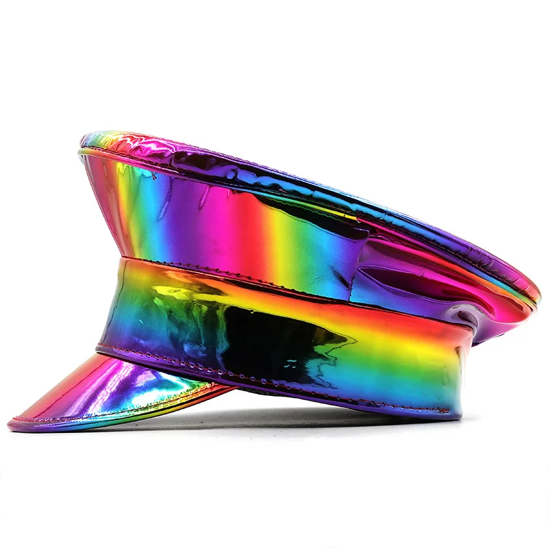 PU Leather Captain Cap Beret Cap Women Men cap hat costume hat leather hat Rainbow Laser Patent Leather Military Hat Prom Performance Bar Cosplay Show Hat