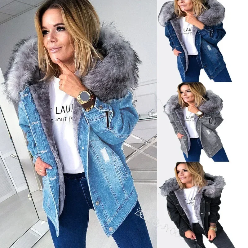 

Winter Vintage Ripped Pocket Stitching Baggy Coat Women's Denim Plush Coat Women Long Sleeve Single-Breasted Hooded Denim Jacket