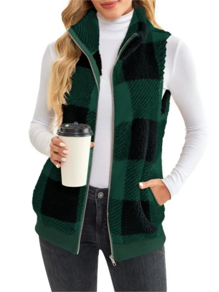 Autumn Winter Plaid Fleece Hoodie Vest Women's Cardigan Fashion Stand Collar Simple Casual Pocket Sleeveless Female Office Coat 5