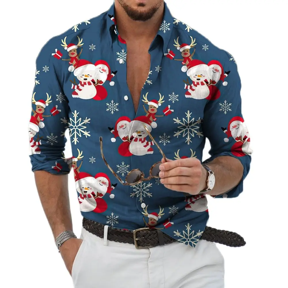 2023Christmas Shirts 3D Printed Xmas Long Sleeve Blouse Holiday Party Tops Oversized T Shirt for Men Clothes Harajuku Shirt
