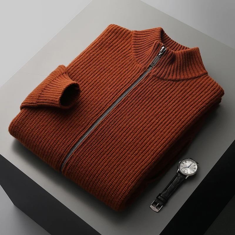 Autumn and winter new half-high-necked zipper 100% pure wool cardigan men's padded leisure knitted cashmere bottoming cedar.