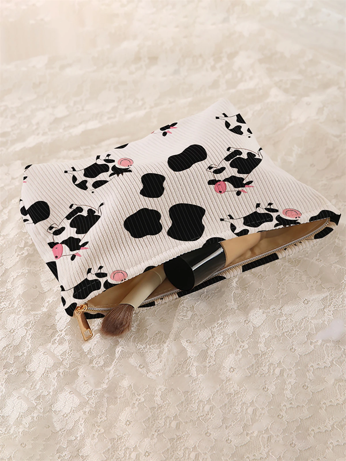 1 cow patterned corduroy makeup bag, lightweight zipper makeup storage box, multifunctional bag with lining