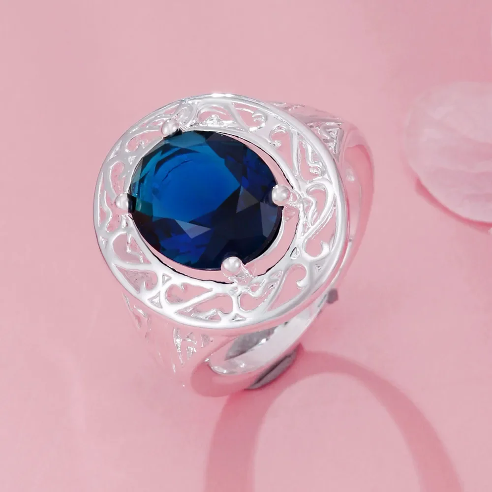 

Charm 925 Sterling Silver Classic Blue Crystal Oval Rings for Women Fashion Designer Party Wedding Engagement Jewelry Gifts