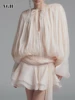 VGH Chic Spliced Lace Up Loose Sexy Short Dresses For Women Round Neck Long Sleeve Minimalist Ruffles Folds Dress Female Fashion 1