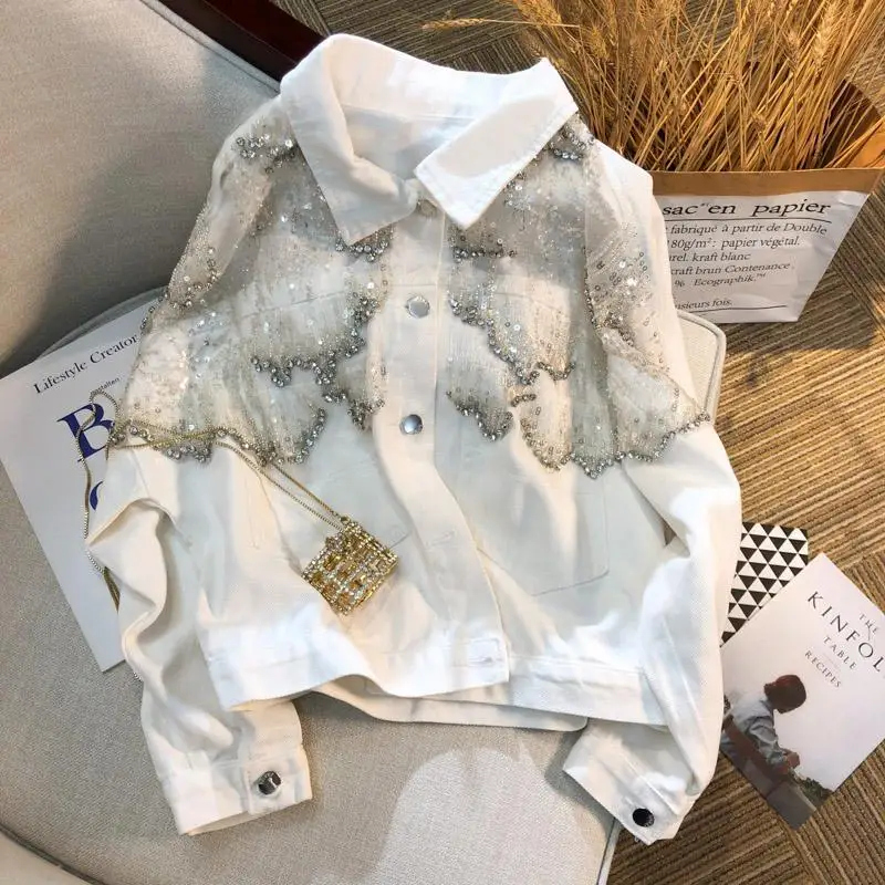 

2023 Spring sequined tassel denim jacket women coat patchwork lace jeans jacket outwear