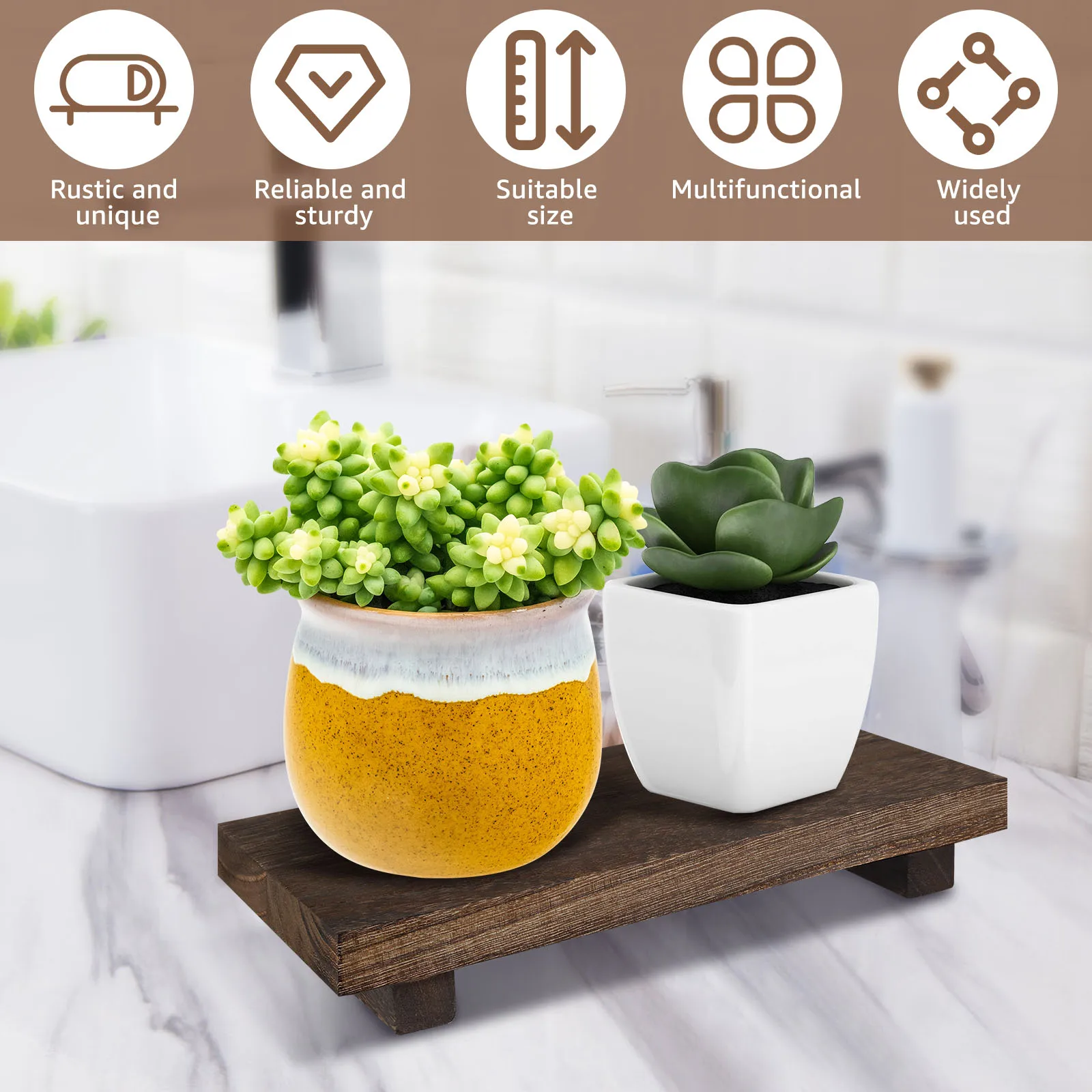 Wood Pedestal Stand Anti-Slip Riser Soap Tray Farmhouse Wooden Vintage Kitchen Bathroom Counter Decor Sink Tray Candle Plant 2