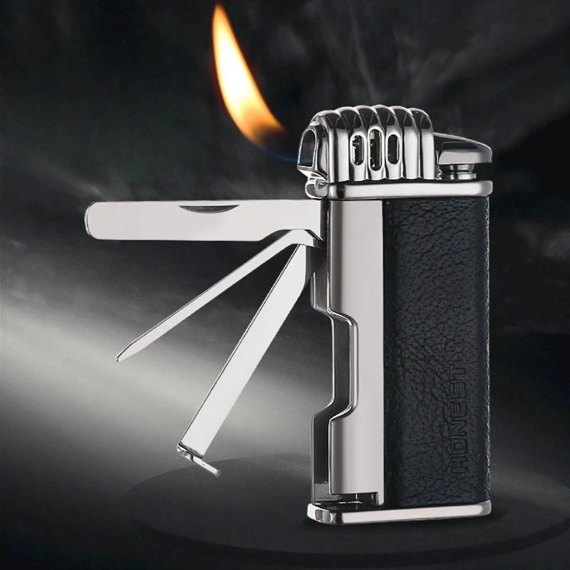 

Hot Multifunctional Old Style Retro Open Fire Butane Gas Metal Leather Lighter Outdoor Barbecue Camping Cigar Lighter Men's Gift