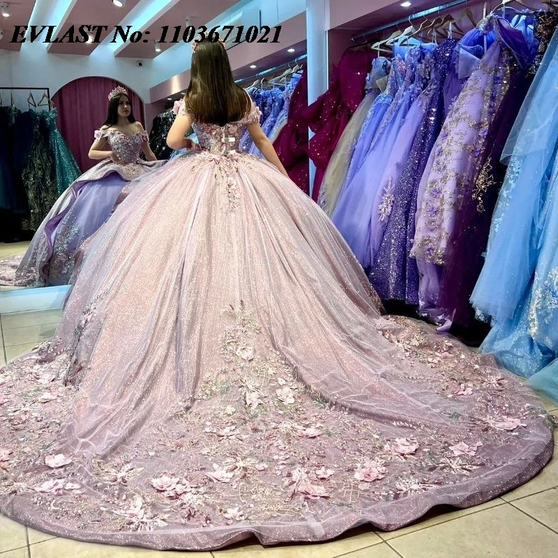 

EVLAST Charro Lavender Quinceanera Dress Ball Gown 3D Floral Applique Beading Off Shoulder Sweet 16 Vestidos De XV 15 Anos SQ43