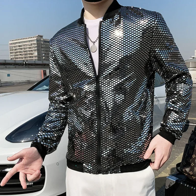 

Japanese Streetwear Men Spring Tide Fashion Shiny Male Personality Sunscreen Night Clothes Stage Dress Jacket Coat Bomber Jacket