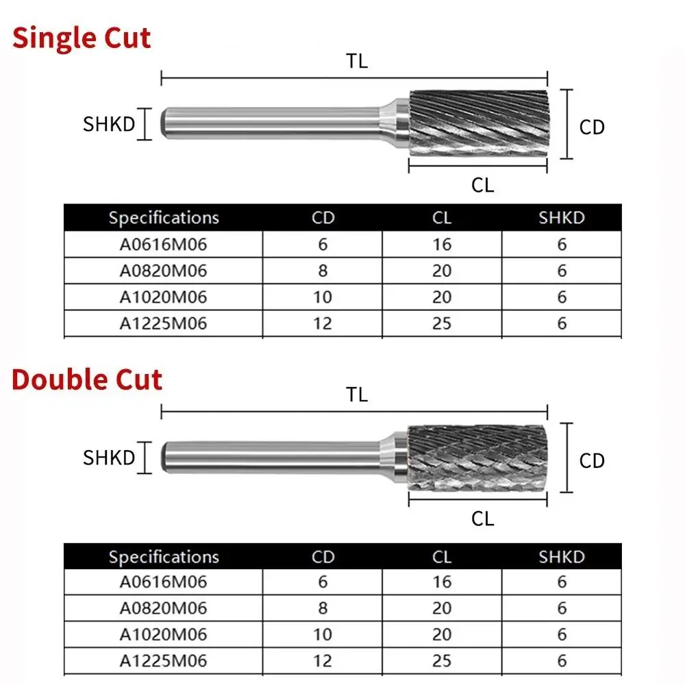 Single Double Slot Rotary Burrs Cylindrical Type Carbide Metal Milling Cutter 6mm/8mm/10mm Rotary File Mill