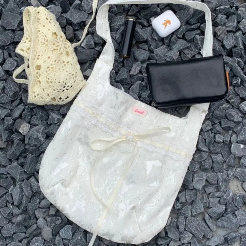 JIAERDI Fairycore White Shoulder Bags Purse Women Hot Girls Bow Chic Lace Y2k Handbag Female Vintage Canvas Tote Bag Aesthetic