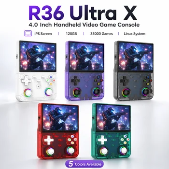 Console di gioco portatile R36 Ultra X da 4.0 pollici con schermo IPS, 128GB, 35000 giochi preinstallati, sistema Linux.