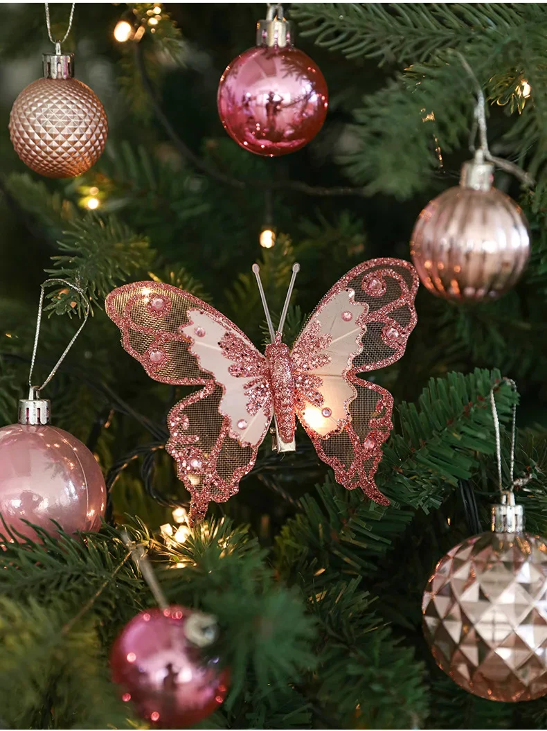 Christmas Tree Decoration Butterfly Hanging Pendant Glitter Red Gold Ornament for Navidad Noel New Year Home Party Decor