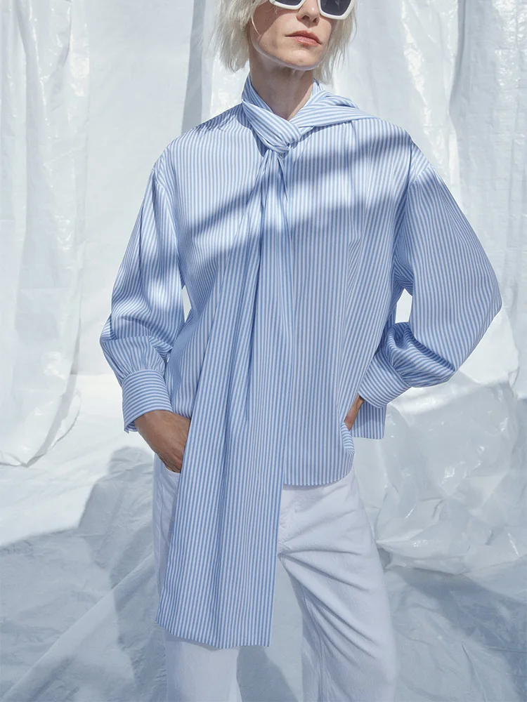 

Womens Shirts And Blouses 2023 Button Up Casual Striped Blouse Long Sleeve Top High Street Fashion Women Tie Bow Neck Blouse