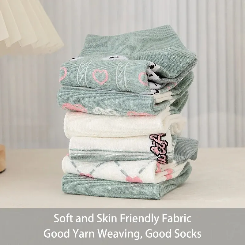 6 Pairs of Women's Spring and Summer Cute Bears Sweet Heart-shaped Stripes Fashion Trend Comfortable Low-cut Socks 4