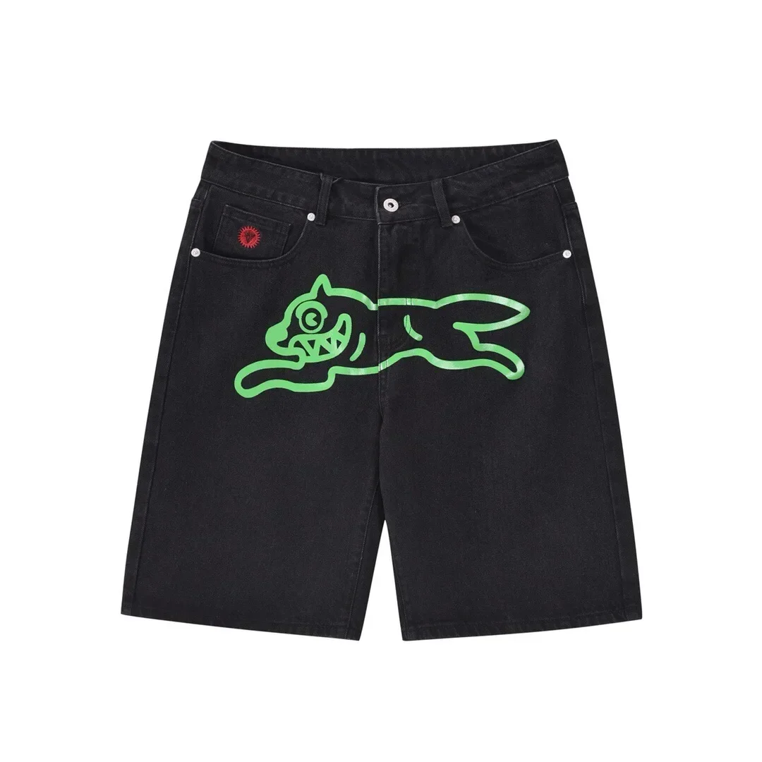 Hip hop Fly Dog print denim shorts men wide leg loose retro jeans Y2k streetwear fashionable shorts Jorts summer new collection