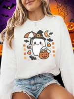 Halloween Women's Printed Crew Neck Sweatshirt Cotton with Adorable Ghost and Halloween Elements Fashion Sweatshirt for Ladies