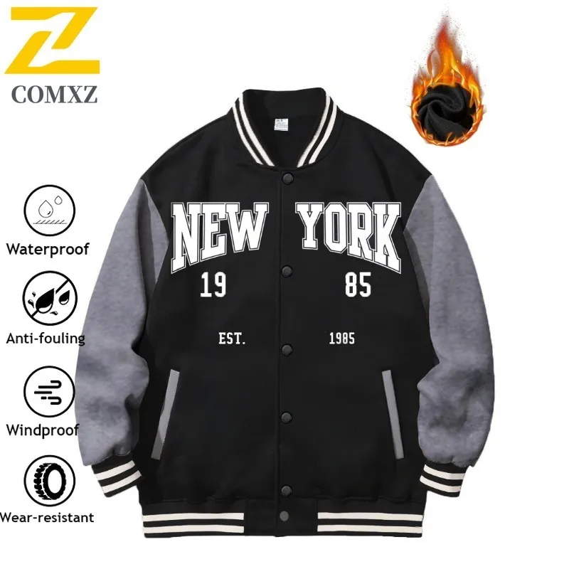 Men Outdoor Baseball Windbreaker Spring Autumn American Style windproof Embroidered Color Block Fleece Lined Casual Outerwear