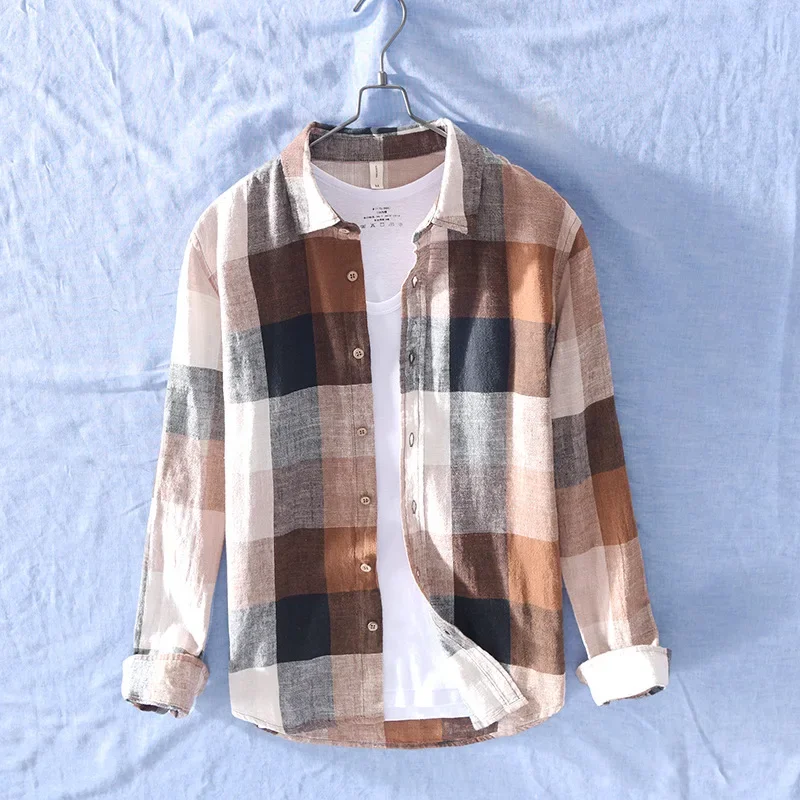 Cotton Linen Casual Plaid Shirts for Men Long Sleeve Tops Male Loose Turn-down Collar Fashion cotton shirt,long sleeve shirt,men casual shirt