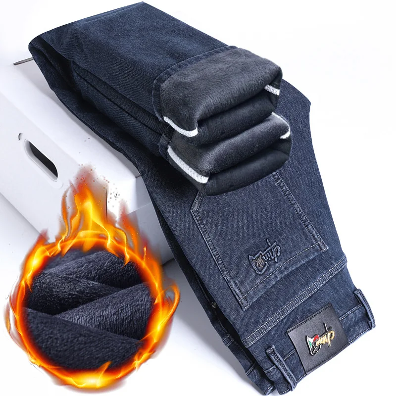 Mens Winter Thicken Fleece Denim Pants Mens Classic Business Casual Loose Straight Stretch Jeans High Quality Warm Jean Trousers 2