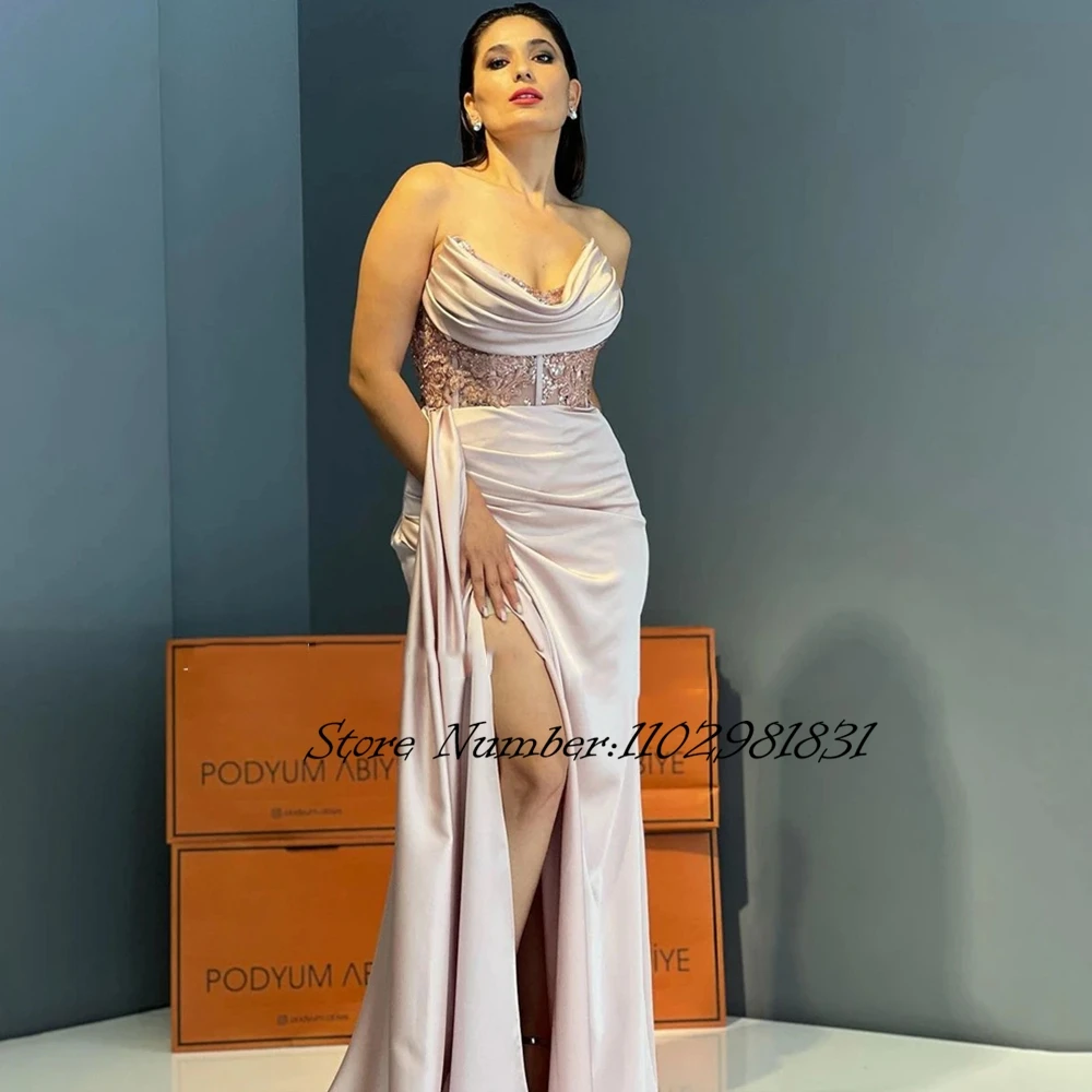 

Off Shoulder Evening Dresses Beadings Side Slit Backless Mermaid Pleats Prom Dress Appliques Arabia Celebrity Party Gowns