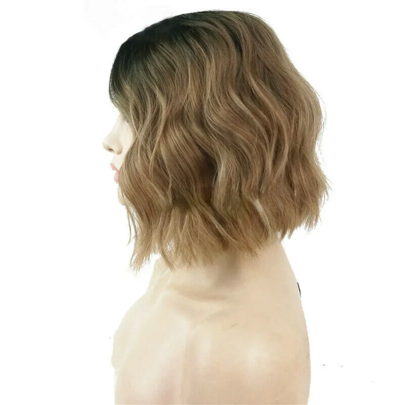 여성 가발 짧은 웨이브 곱슬 머리 가발 앞머리 숙녀 그라데이션 헤어 가발 + 가발 모자