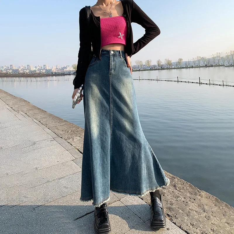 

New Fishtail Skirts Women's Medium Length Black Jean Skirt High-waisted A-line Long Denim Skirt YG007